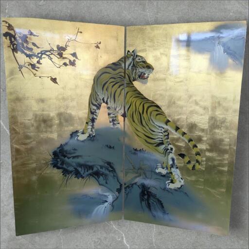 引取決定】金屏風 虎の絵 二曲一隻衝立パーテーション (蕾TSUBOMI