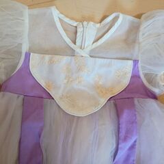 数回着用シフォンふわふわワンピース💜パープル×ホワイト/100cm前後の画像