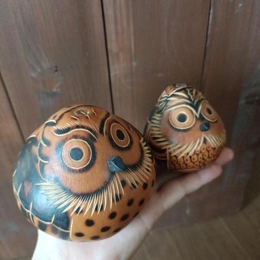 【正規逆輸入品】 ペルーの伝統工芸品ひょうたんフクロウ大小セット！世界に1つ 工芸品