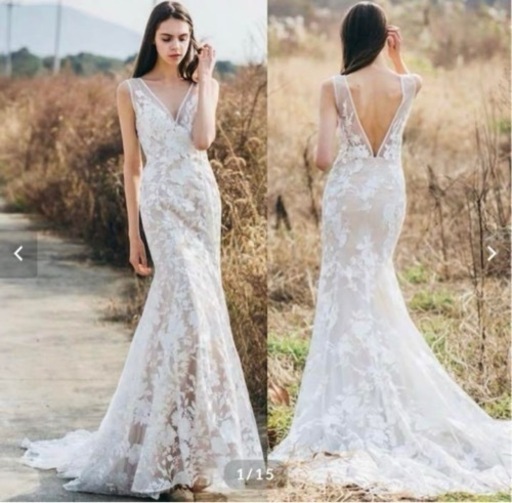 美品　ウェディングドレス　花柄オフホワイト