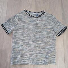 新品　ZARA ツイード風ビーズネック半袖Tシャツ　