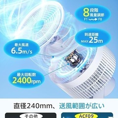 【AI搭載 ＆360° 3D首振り】 サーキュレーター 扇風機兼用 DCモーター 節電対策 リビング/卓上扇風機 大風量 パワフル送風 8段階風量調節 3D空気循環 清浄/消臭/マイナスイオン機能 静音設計 AI風量調整 12時間タイマー 省エネリモコン付き 冷房/暖房/除湿/換気対応 6-30畳対応 暑さ対策グッズ 日本語説明書 PSE認証 (ホワイト)の画像