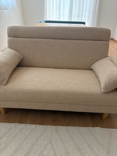 二人掛けソファ ファブリックソファ 布張り クッション付き アームソファ 肘付き Sバネ 木フレーム 脚取り外し可 ロータイプ ベージュ