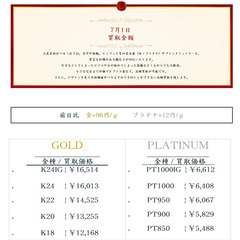 大黒屋仙台パルコ店 7/1　本日の貴金属の買取金額 