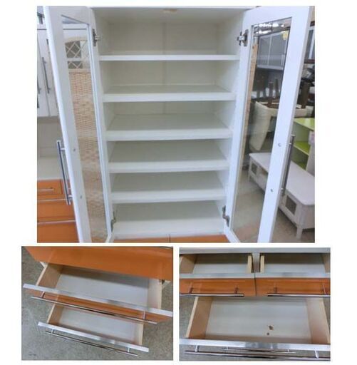 食器棚 幅60 高さ180 白×オレンジ ビタミンカラー 2枚扉 可愛い