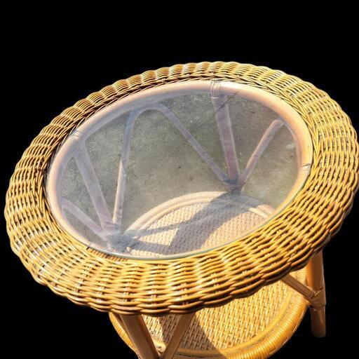 レトロ品 オールドラタン ガラステーブルヴィンテージ 和風