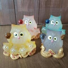 金運招来　フクロウ置物　硝子　硝子玉付き　四体セット