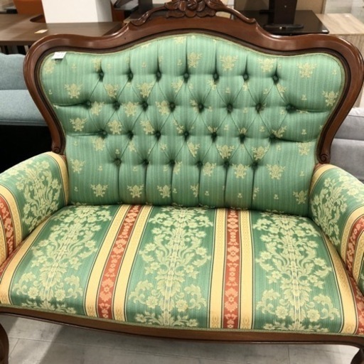 アンティーク調2人掛けソファーハイバックライトグリーン【トレファク堺福田店】