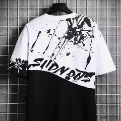 ジオメトリックプリント カジュアルTシャツ - カラーブロック ラウンドネック 半袖  ホワイト＆ブラック コントラストデザイン の画像