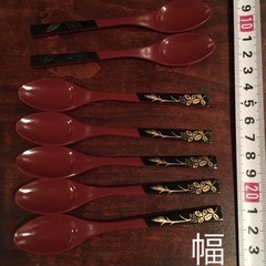 7点セット 和菓子に 樹脂製 スプーン黒　金色 えんじ色の画像