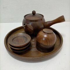 【新品未使用】木製 急須 湯呑 お盆セット　250702-2T