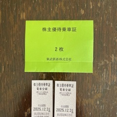 東武株主優待　乗車証　乗車券　2枚　12月31日まで