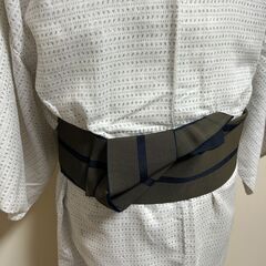 【角帯】メンズ角帯・正絹・博多織・男物帯・リバーシブル・両面着用可・カーキ/濃紺の画像