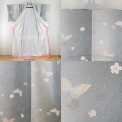 小紋 袷 桜に蝶々模様 グレーｘベージュピンク 正絹 広衿 仕立て上がり着物 身丈160cm 【キモノオフ野々市若松店】の画像