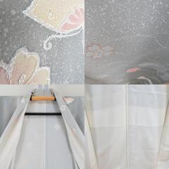 小紋 袷 桜に蝶々模様 グレーｘベージュピンク 正絹 広衿 仕立て上がり着物 身丈160cm 【キモノオフ野々市若松店】の画像