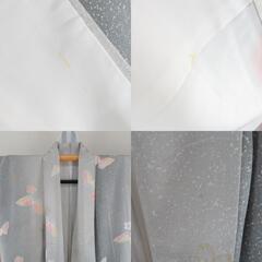 小紋 袷 桜に蝶々模様 グレーｘベージュピンク 正絹 広衿 仕立て上がり着物 身丈160cm 【キモノオフ野々市若松店】の画像