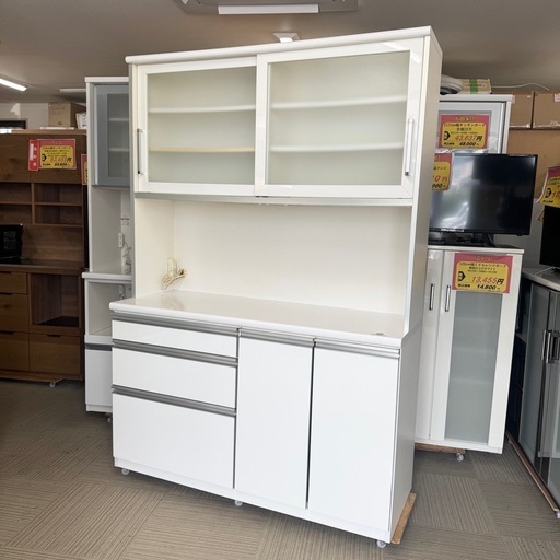 【お買い得‼️】古賀家具工業 140cm幅キッチンボード 食器棚 収納家具 鏡面仕上げホワイト♪