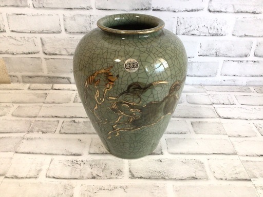 W159 相馬焼 飾り壺/花瓶/花器/フラワーベース 金彩 近影窯 走り馬 貫入 駆馬/跳馬 骨董品 現状品