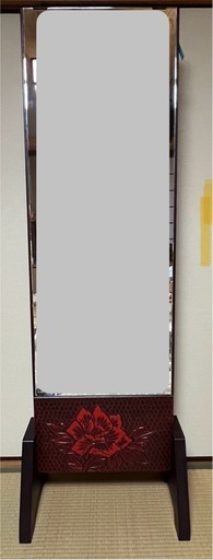 姿見/スタンドミラー 鎌倉彫 牡丹の彫り物 日本板硝子製ガラス 162cm高