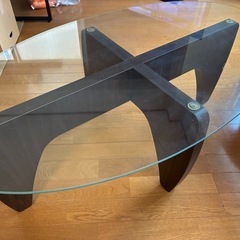 オーバル　ガラステーブル　ウォールナット調　