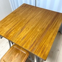 ダイニングテーブル 80cm パイン 木製 スチール脚 正方形 ヴィンテージの画像