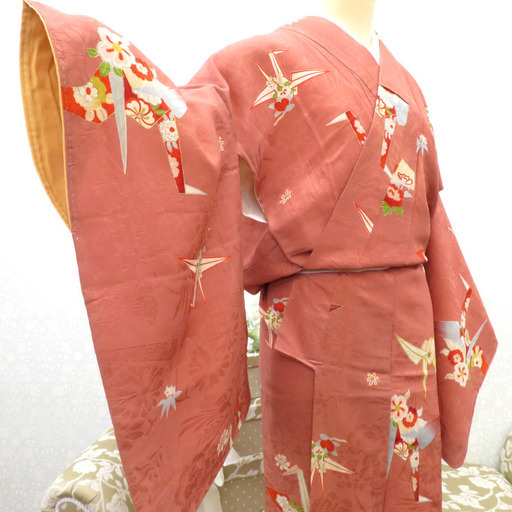 小紋 昔 アンティーク 昔着物 茶 多色 折り鶴文様 花 地模様あり