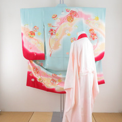 子供着物 女の子用 四つ身 襦袢セット 手毬に花々模様 水色ｘ多...