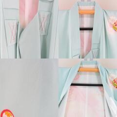 子供着物 女の子用 四つ身 襦袢セット 手毬に花々模様 水色ｘ多色 一つ紋 花菱紋 ぼかし染め 正絹 袷 フォーマル 子供きもの 女児 七五三 祝着 身丈132cm 【キモノオフ野々市若松店】の画像