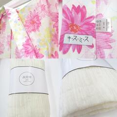 浴衣 女性ゆかた・兵児帯セット 白×濃ピンク・オフホワイト 花 綿 夏物 レディース 仕立て上がり 双子コーデ 身丈168cm 【キモノオフ野々市若松店】の画像