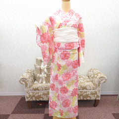 浴衣 女性ゆかた・兵児帯セット 白×サーモンピンク・オフホワイト 花 綿 夏物 レディース 仕立て上がり 双子コーデ 身丈167cm 【キモノオフ野々市若松店】の画像