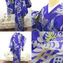 アンティーク 単衣 紫 グレー 黄 茶 松 バチ衿 正絹 レトロ 明治・大正ロマン 昔着物  身丈147.9cm 【キモノオフ野々市若松店】の画像