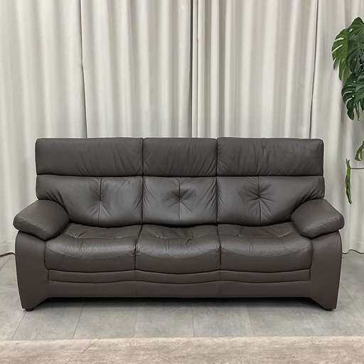 KG-4【新入荷　リサイクル品】本革/ハイバック　3シーターソファ　ブラウン