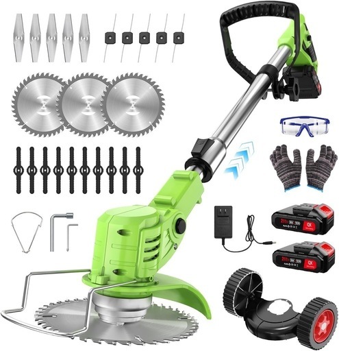 決まりました！草刈り機 充電式 高性能 21V 4000mAhのバッテリー総容量 強力電動草刈り機 1880W 低騒音 補助ホイール 伸縮可 角度調整可 多替刃付き 農業および家庭用の芝刈り機 充電式 日本語説明書付き