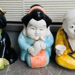 お多福陶器人形置物 お福さん おかめインテリア 3点セット