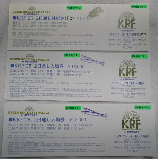 KESEN ROCK FESTIVAL'25 2日通し入場券2枚, 2日通し駐車場券(P2)1枚　(ケセンロックフェスティバル)