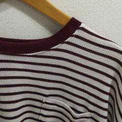 Lサイズ  ボーダー  えんじ色  Tシャツ  ワッフル生地の画像
