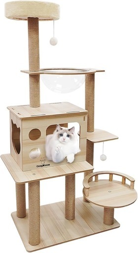早い者勝ちです‼️最終値下げ‼️キャットタワー 木製 スリム 宇宙船 据え置き 厚さを増した板材 キャットハウス つめとぎ 猫 大型猫用