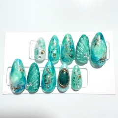 ハンドメイド ネイルチップ 夏ネイル 海 ターコイズブルー 貝殻...