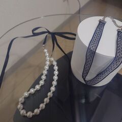 【０円】レースチョーカー＆人工パールリボンネックレス