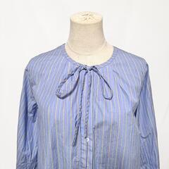 【美品】SHIPS シップス ストライプ ボウタイブラウス ゆったり パープル レディースの画像