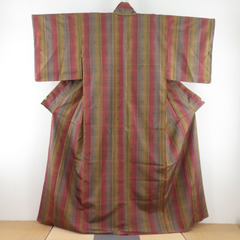 紬 着物 格子に燕文様 赤色 黄色 袷 広衿 正絹 カジュアル着...