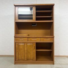 未使用　美品　食器棚　幅120　高さ180　ナチュラル　オープンボード　引出　レンジ台　引出し　棚　コンセント付き　大量収納　引戸　茶色の画像