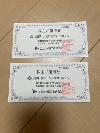 長野 リンデンプラザ ホテル 宿泊優待券2枚セット