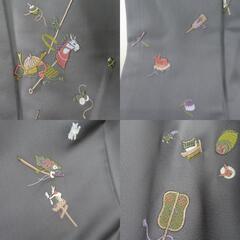 付下げ 刺繍 日本玩具文様 袷 広衿 灰色 正絹 仕立て上がり着物 紋なし 身丈166cmの画像