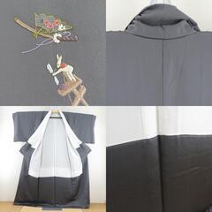 付下げ 刺繍 日本玩具文様 袷 広衿 灰色 正絹 仕立て上がり着物 紋なし 身丈166cmの画像