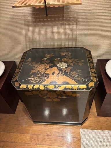 金時絵箱漆器木製花鳥図柄 唐獅子図柄