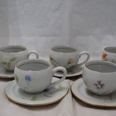 [1390] 瑞庵 手描き 五客碗皿揃 TO1-3 陶器 カップ 皿 花柄の画像