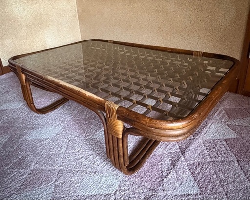 《中古品》　ラタン？　ガラステーブル