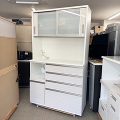 【超美品‼️】定価119,000円♪ ニトリ 120cm幅キッチンボード(ポスティア120KB) 食器棚 収納家具 艶あり木目調ホワイト♪の画像