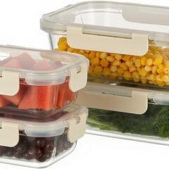 S SALIENT 耐熱ガラス 保存容器 ４個セット 密閉タッパー 電子レンジ オーブン 食洗機OK 作り置き ご飯冷凍 長方形 ベージュの画像